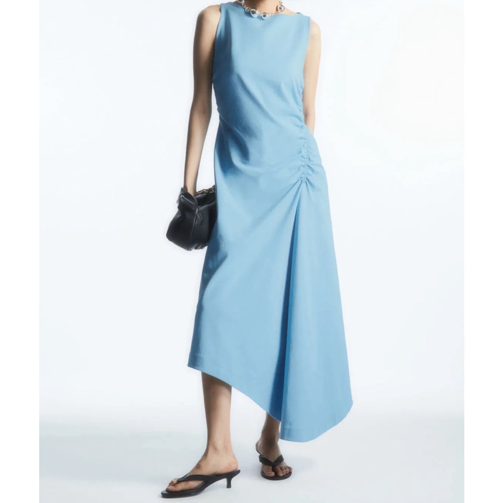 COS Asymmetric Gathered Midi Dress, Blue, XS